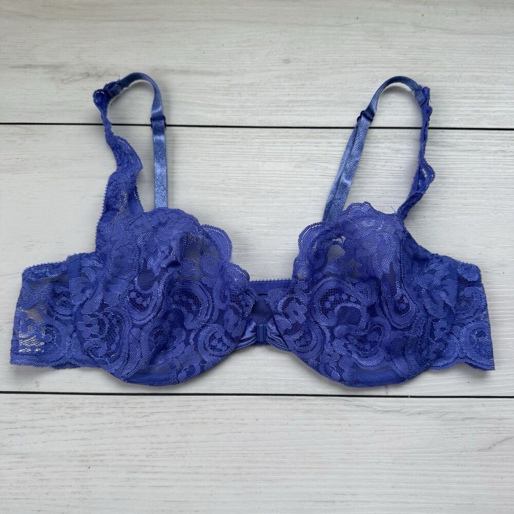 VTG  Victoria's Secret Blue Sheer Lace 36B Bra Gold Label Front Clasp Underwire